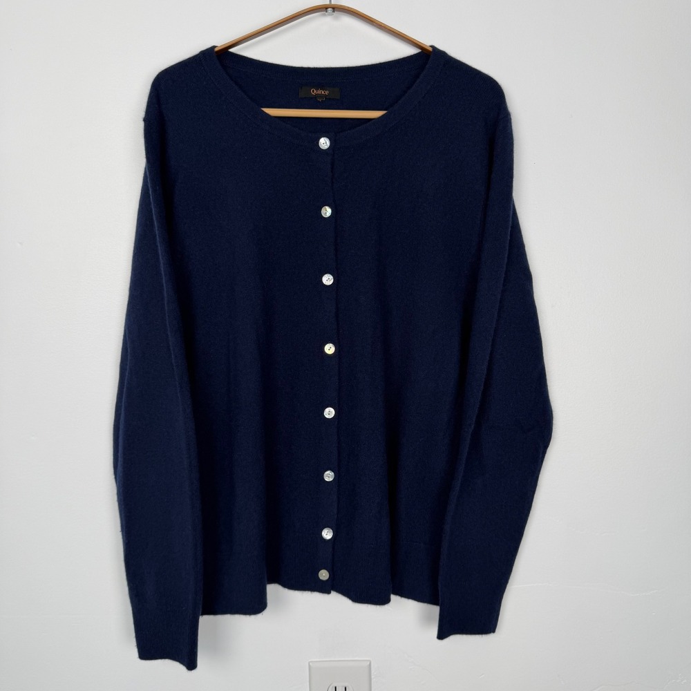 Quince Navy Blue Mongolian Cashmere Crew Neck Button Front Cardigan Sweater L